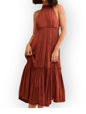 Anthropologie Rust Halter Tiered Maxi Dress